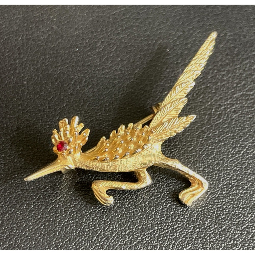 Vintage Road Runner Brooch Gold Tone Red Rhinestone Eye Pin Animal Jewelry‎ 2"